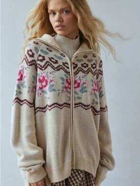 NWT For Love And Lemons Ski Lodge Cream Fair Isle Zip-Front Floral Cardigan